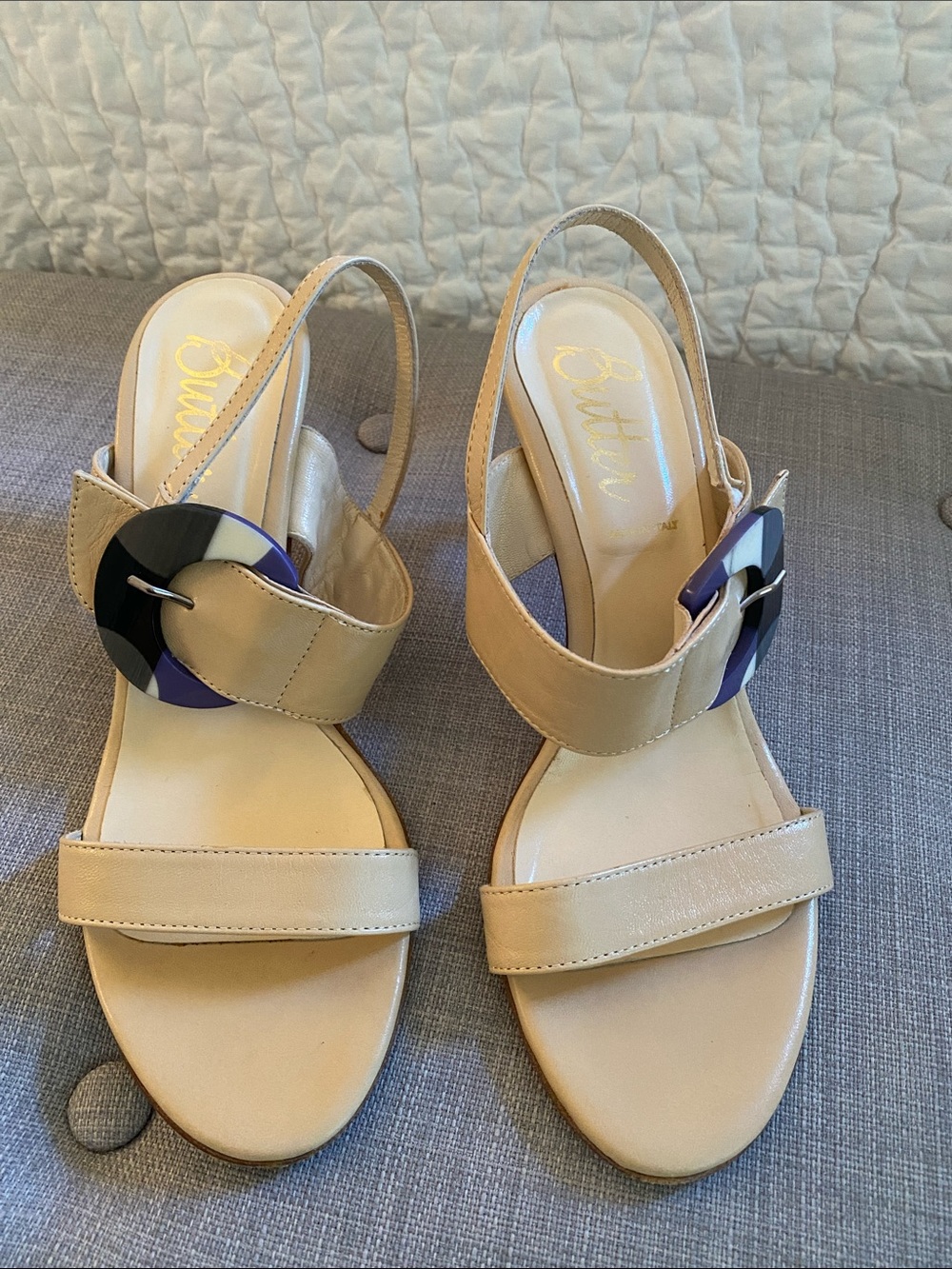 Butter Beige Slingback Sandals with Cream and Navy Accent Buckles